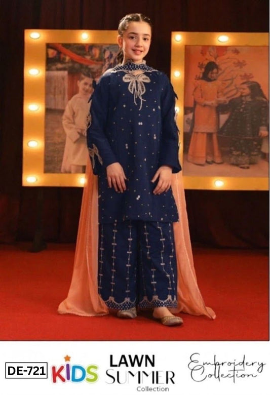 Kids 3PC Embroidered Summer Dress With Net Dupatta - Unstitched - DE-721BL