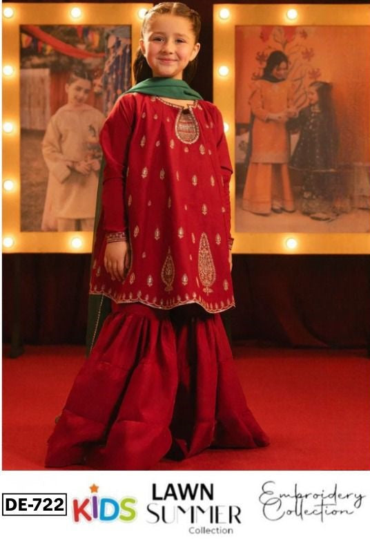 Kids 3PC Embroidered Summer Dress With Net Dupatta - Unstitched - DE-722