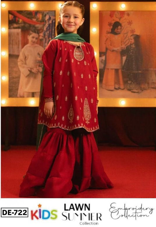 Kids 3PC Embroidered Summer Dress With Net Dupatta - Unstitched - DE-722