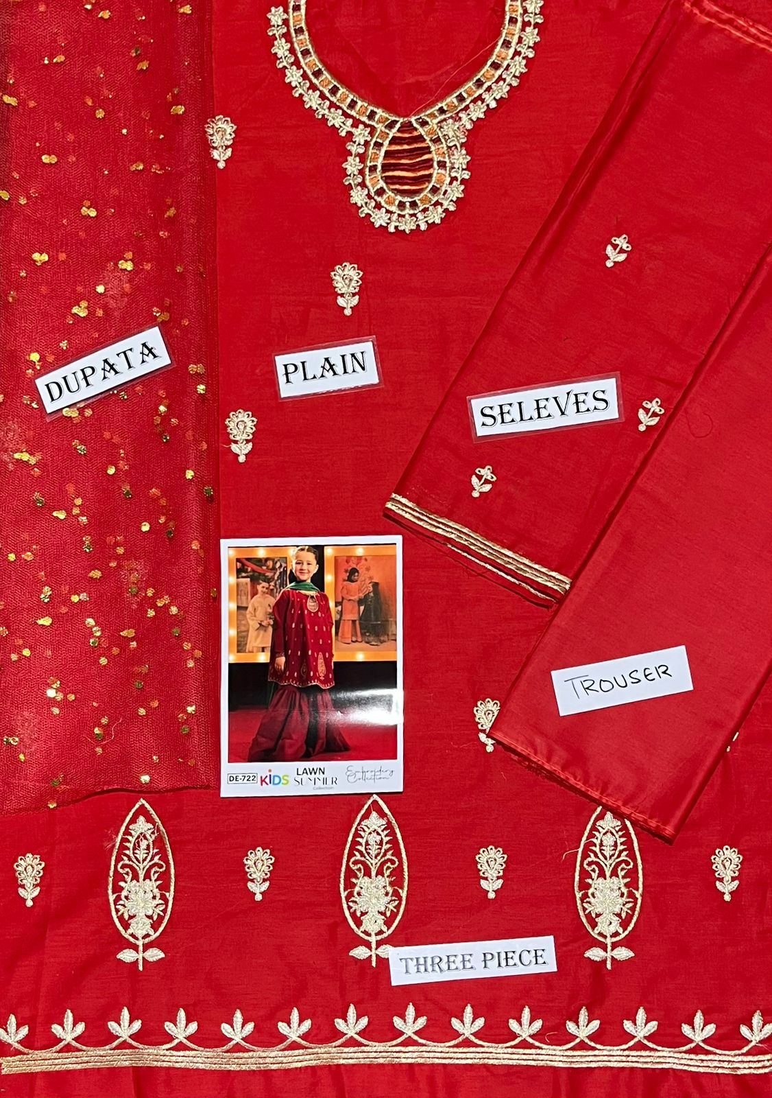 Kids 3PC Embroidered Summer Dress With Net Dupatta - Unstitched - DE-722