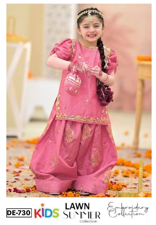 Kids 3PC Embroidered Summer Dress With Net Dupatta - Unstitched - DE-730