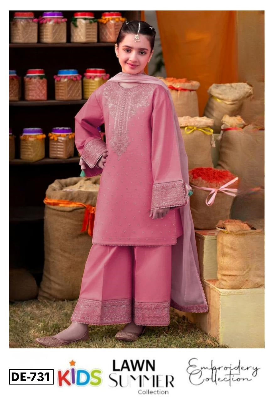 Kids 3PC Embroidered Summer Dress With Net Dupatta - Unstitched - DE-731