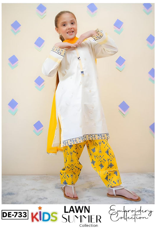 Kids 3PC Embroidered Summer Dress With Net Dupatta - Unstitched - DE-733