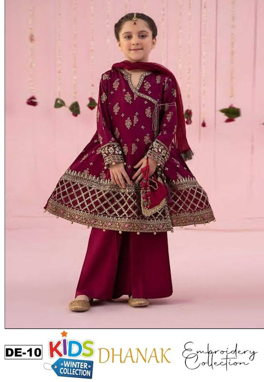 Kids 3PC Embroidered Winter Dress With Net Dupatta - Unstitched - DE10