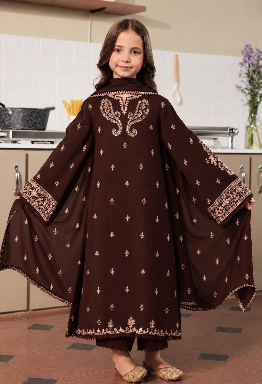 Kids 3PC Embroidered Winter Dress With Net Dupatta - Unstitched - KD-001