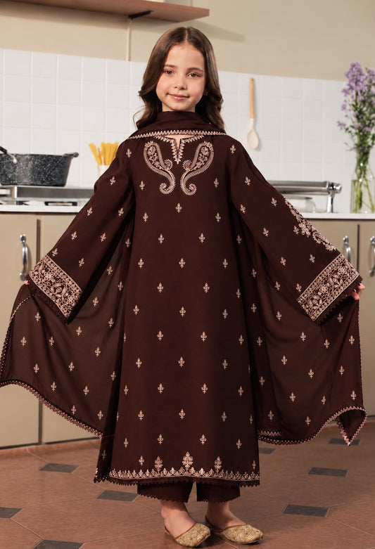 Kids 3PC Embroidered Winter Dress With Net Dupatta - Unstitched - KD-001