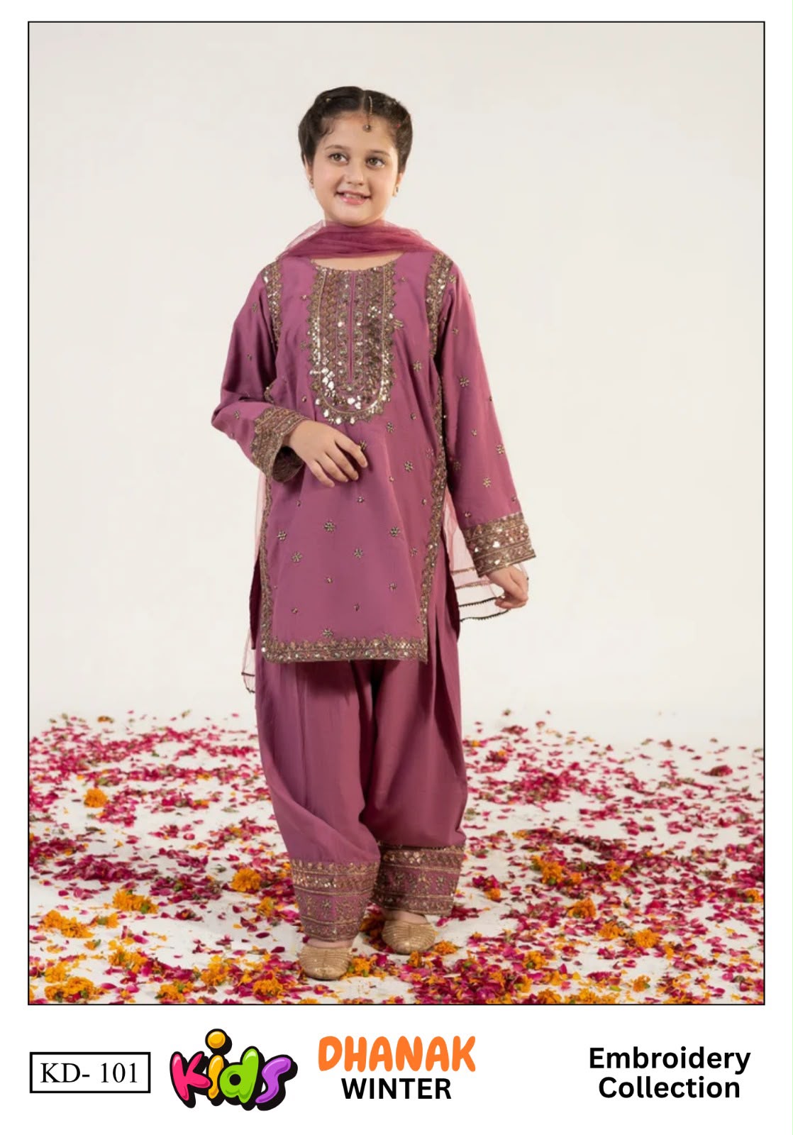 Kids 3PC Embroidered Winter Dress With Net Dupatta - Unstitched - KD-101