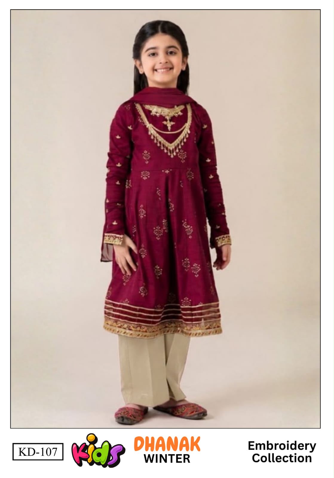 Kids 3PC Embroidered Winter Dress With Net Dupatta - Unstitched - KD-107