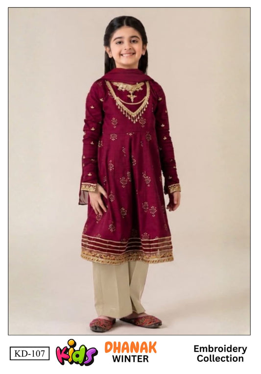 Kids 3PC Embroidered Winter Dress With Net Dupatta - Unstitched - KD-107