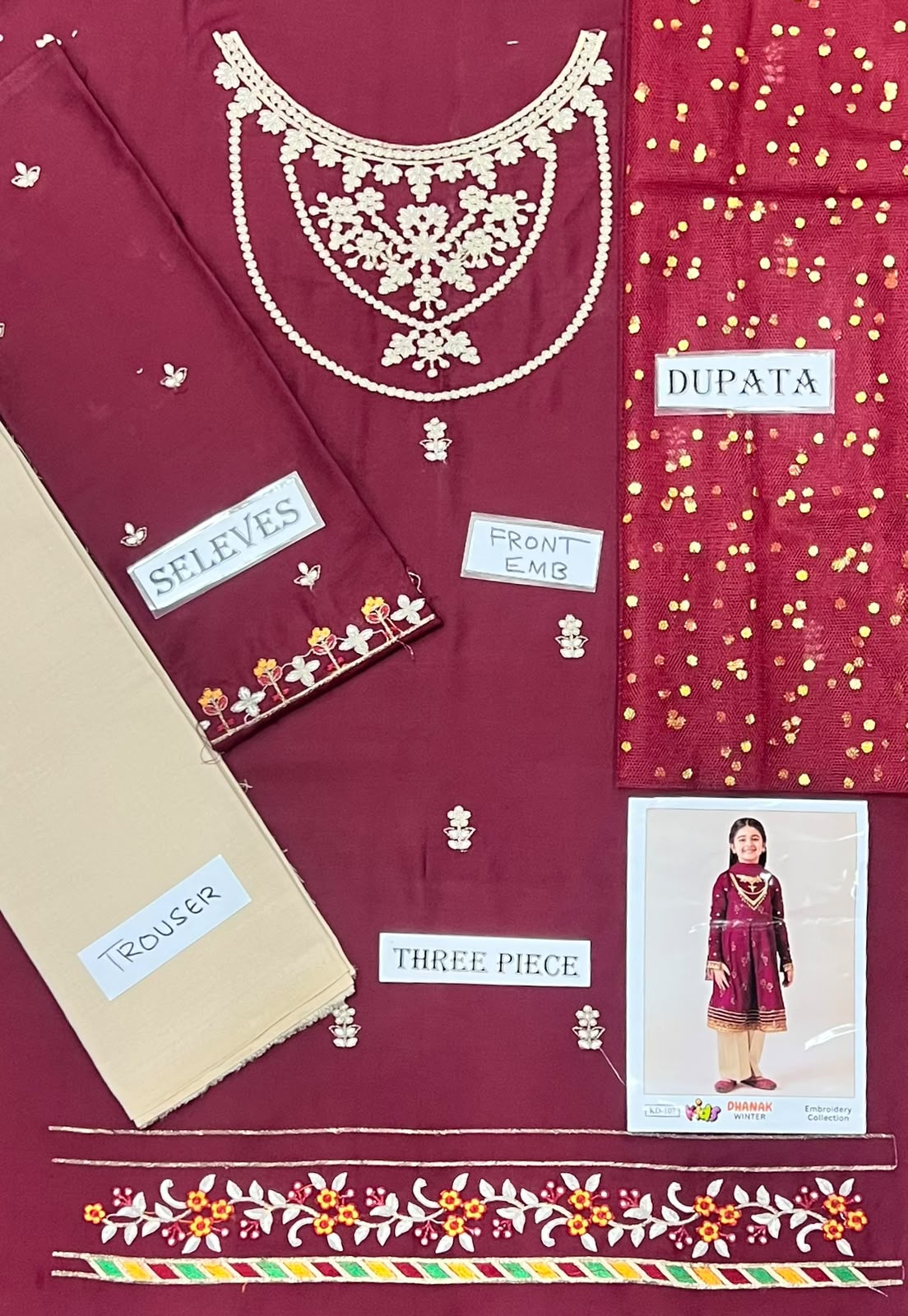 Kids 3PC Embroidered Winter Dress With Net Dupatta - Unstitched - KD-107