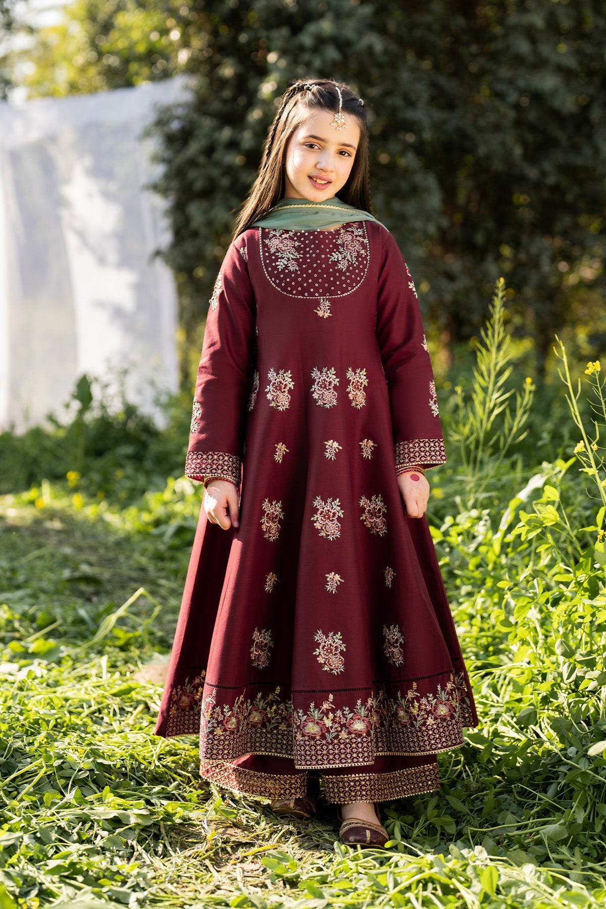 Kids 3PC Embroidered Lawn Dress With Net Dupatta - Unstitched - KD1