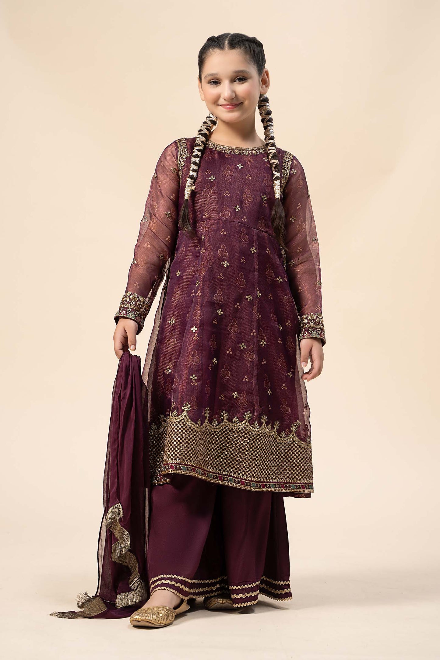 Kids 3PC Embroidered Lawn Dress With Net Dupatta - Unstitched - KD64