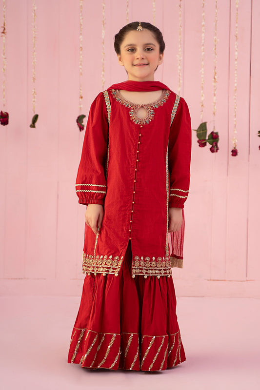 Kids 3PC Embroidered Lawn Dress With Net Dupatta - Unstitched - KD82