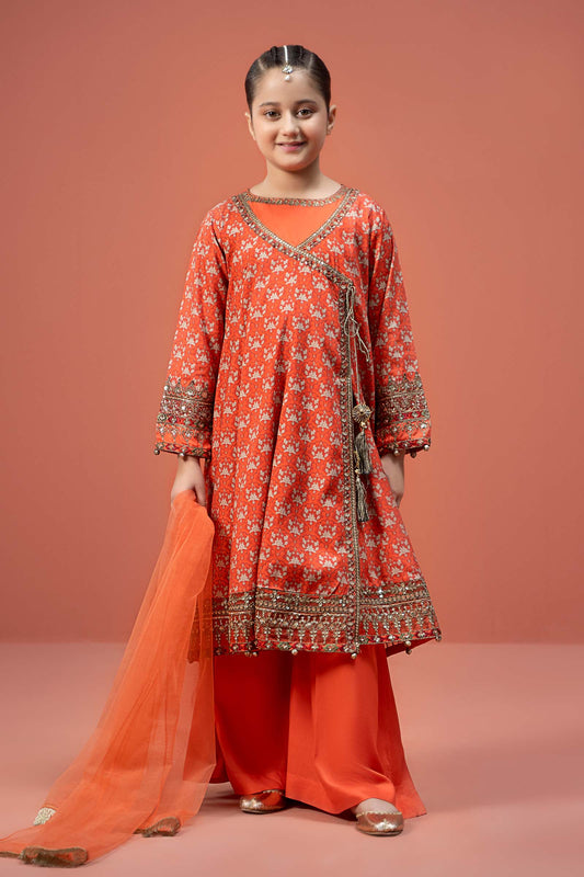 Kids 3PC Embroidered Lawn Dress With Net Dupatta - Unstitched - KD84