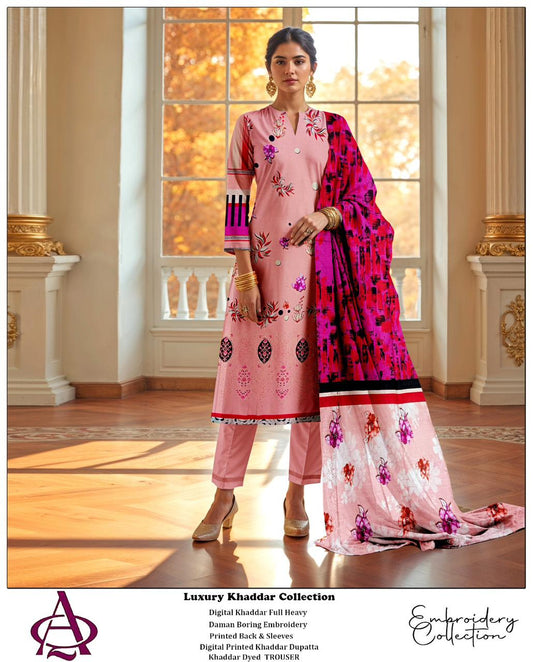 Khaddar 3PC Printed Chicken Kari Dress With Printed Shawl- KH-1