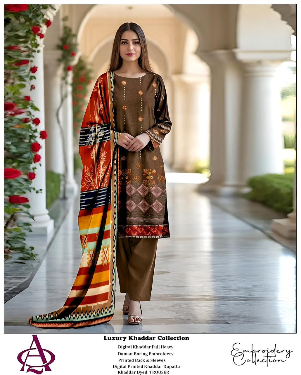 Khaddar 3PC Printed Chicken Kari Dress With Printed Shawl- KH-2