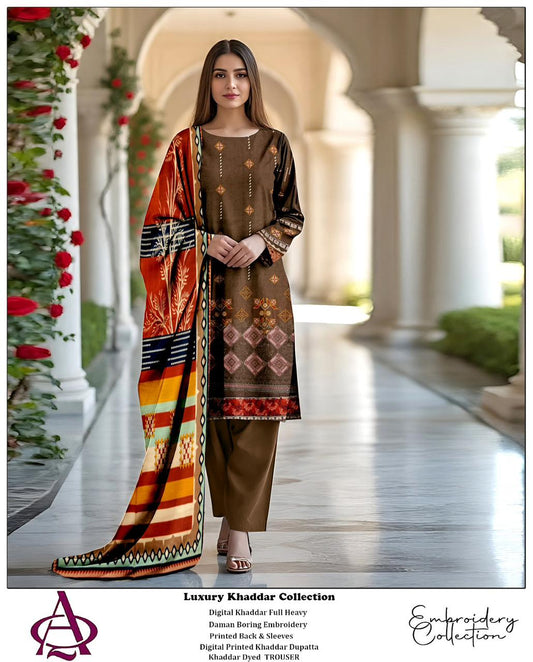 Khaddar 3PC Printed Chicken Kari Dress With Printed Shawl- KH-2