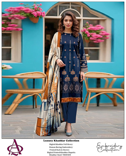 Khaddar 3PC Printed Chicken Kari Dress With Printed Shawl- KH-3