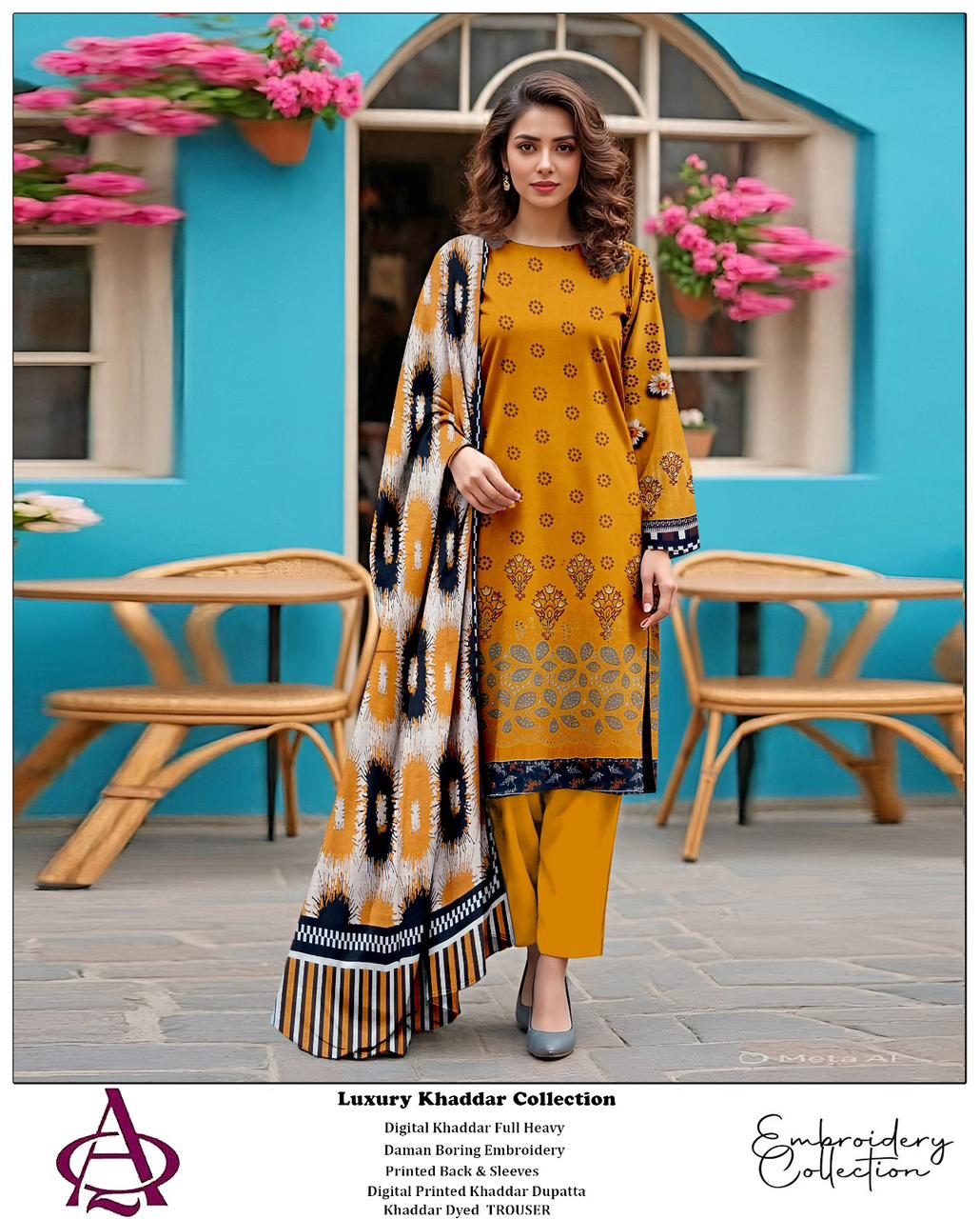 Khaddar 3PC Printed Chicken Kari Dress With Printed Shawl- KH-4