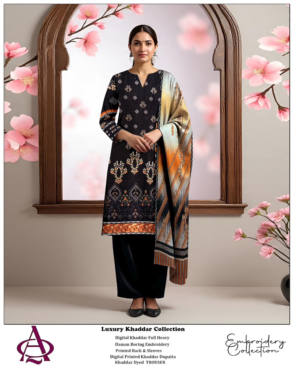 Khaddar 3PC Printed Chicken Kari Dress With Printed Shawl- KH-5