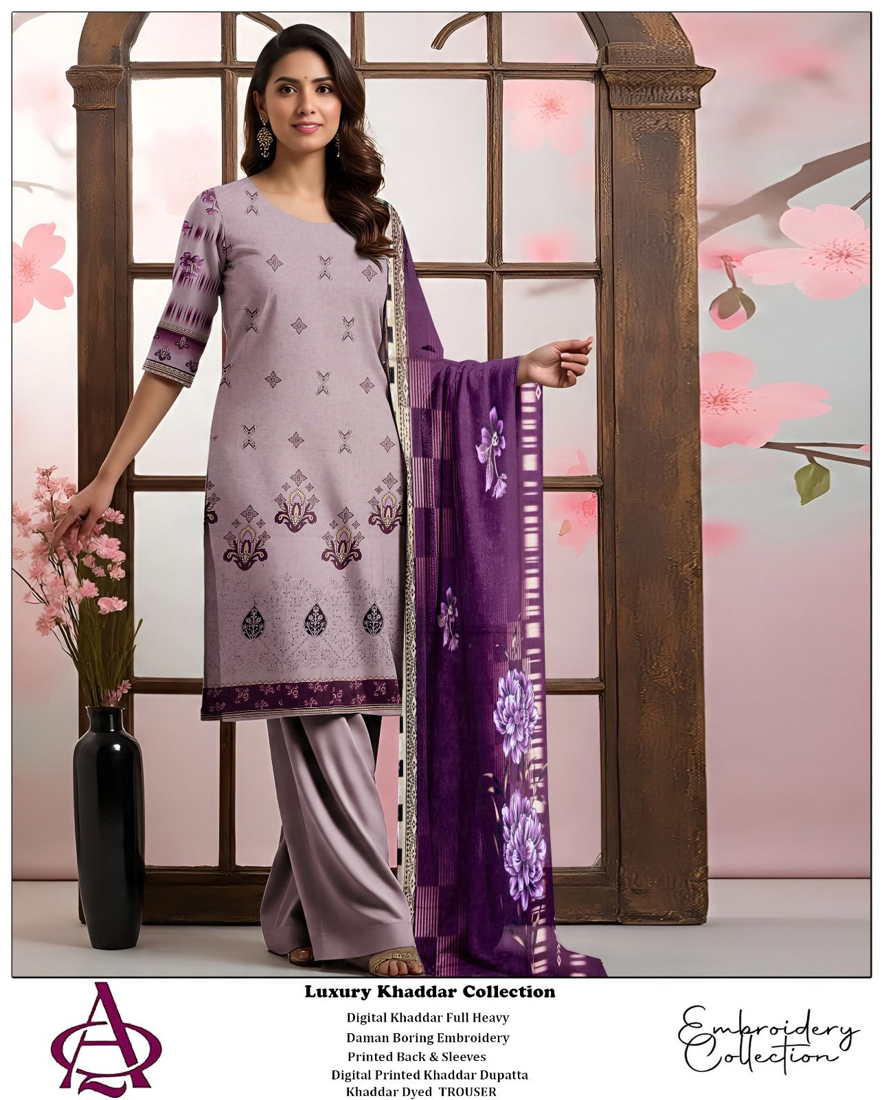 Khaddar 3PC Printed Chicken Kari Dress With Printed Shawl- KH-6