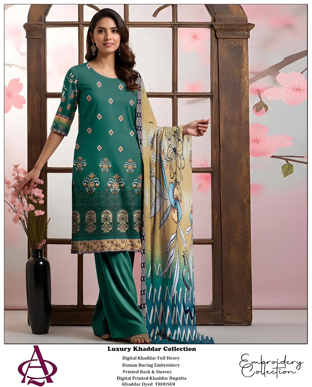 Khaddar 3PC Printed Chicken Kari Dress With Printed Shawl- KH-7