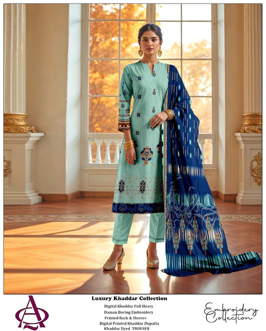 Khaddar 3PC Printed Chicken Kari Dress With Printed Shawl- KH-8