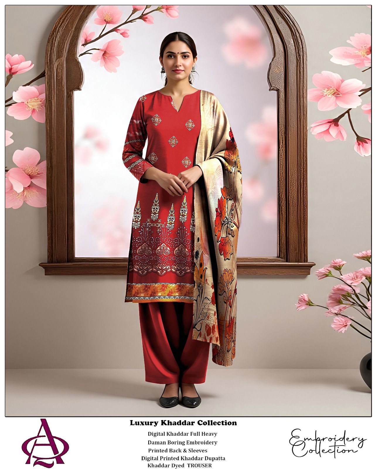 Khaddar 3PC Printed Chicken Kari Dress With Printed Shawl- KH-9