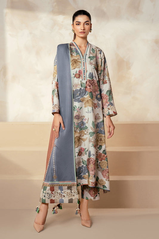 All Over Printed 3PC Unstitched With Printed Shawl- P115