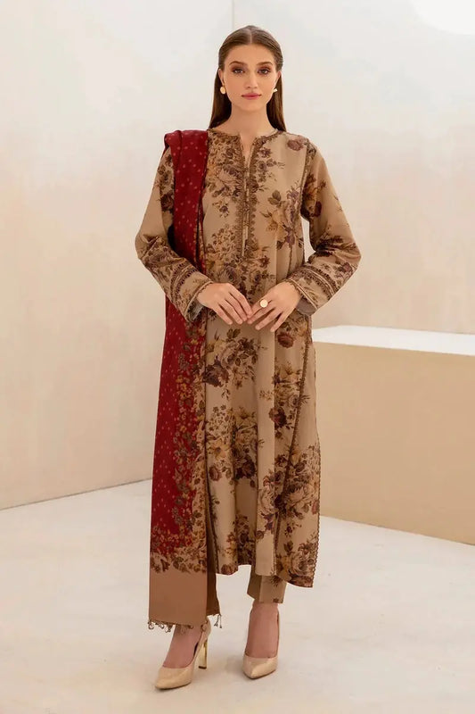 All Over Printed 3PC Unstitched With Printed Shawl- P119