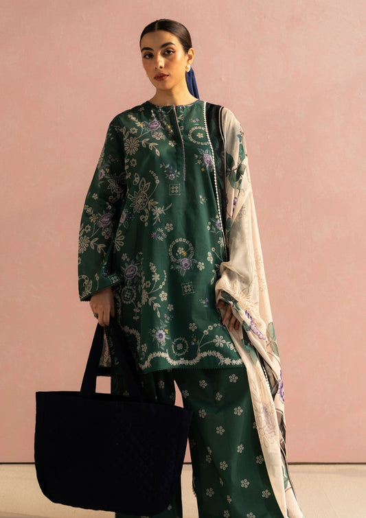 All Over Printed 3PC Unstitched With Printed Shawl- P121