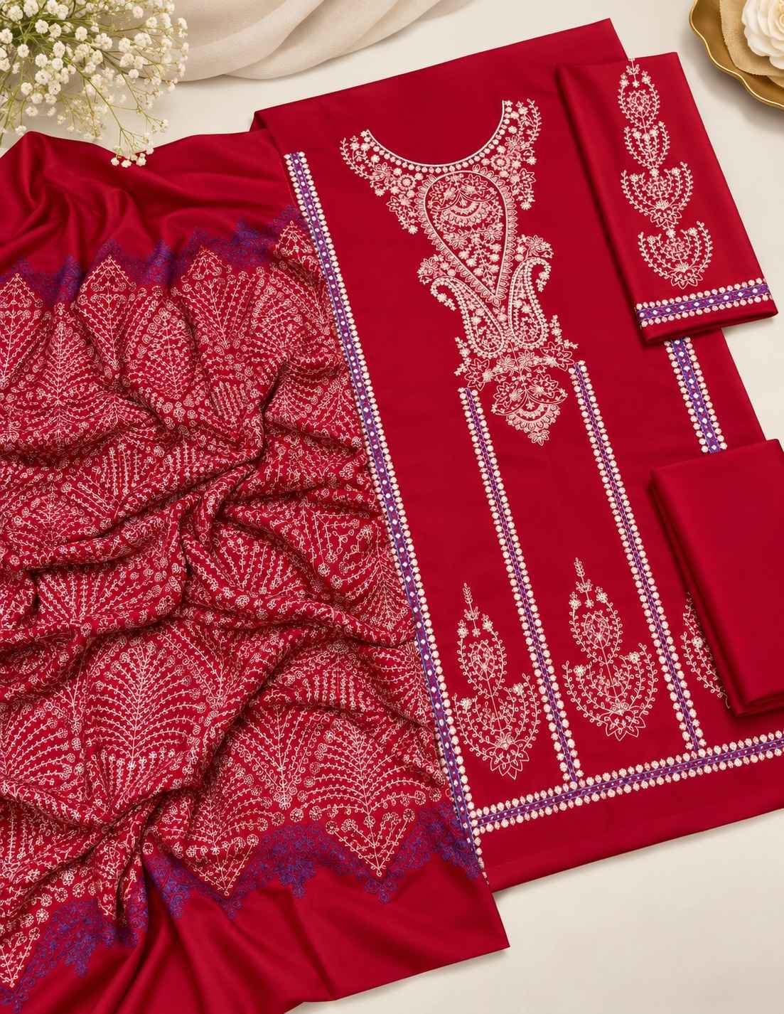 3-Piece Zara Shahjahan Premium Embroidered Dhanak Suit AL-850a