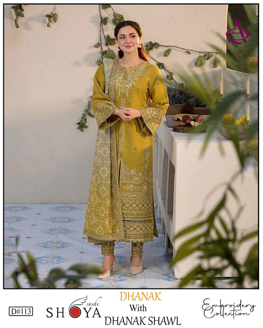 Fully EMB 3PC Dhanak Unstitched Winter Dress With Wool Shawl - W108B
