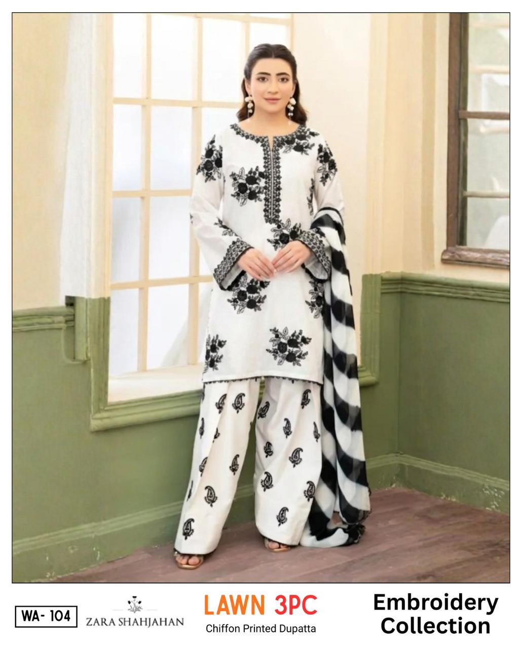 3 Piece - Embroidered Lawn Suit With Printed Chiffon Dupatta