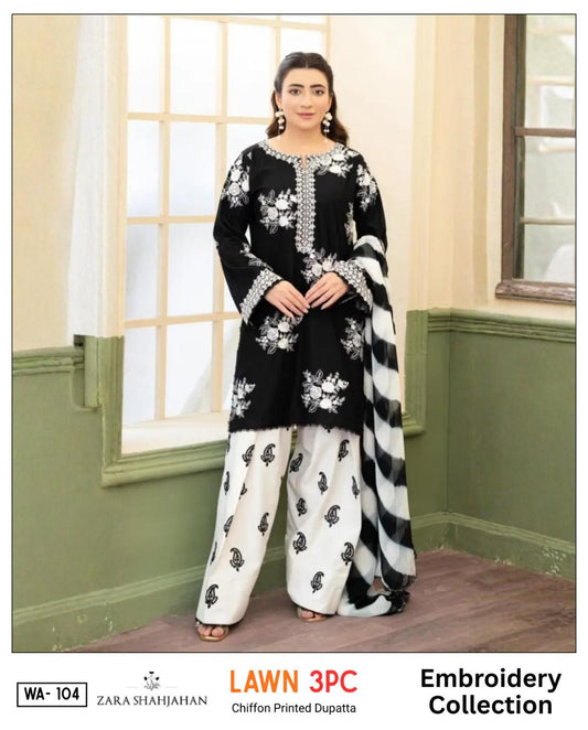 3 Piece - Embroidered Lawn Suit With Printed Chiffon Dupatta