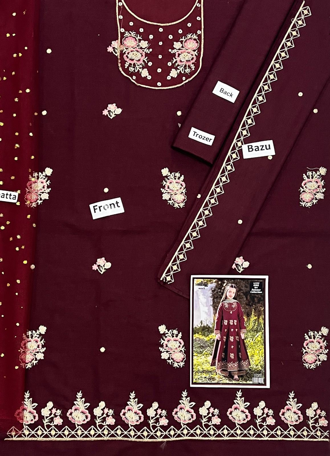 Kids 3PC Embroidered Lawn Dress With Net Dupatta - Unstitched - KD1