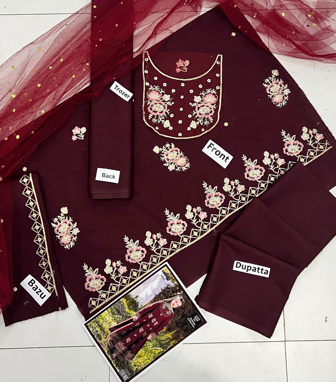 Kids 3PC Embroidered Lawn Dress With Net Dupatta - Unstitched - KD1