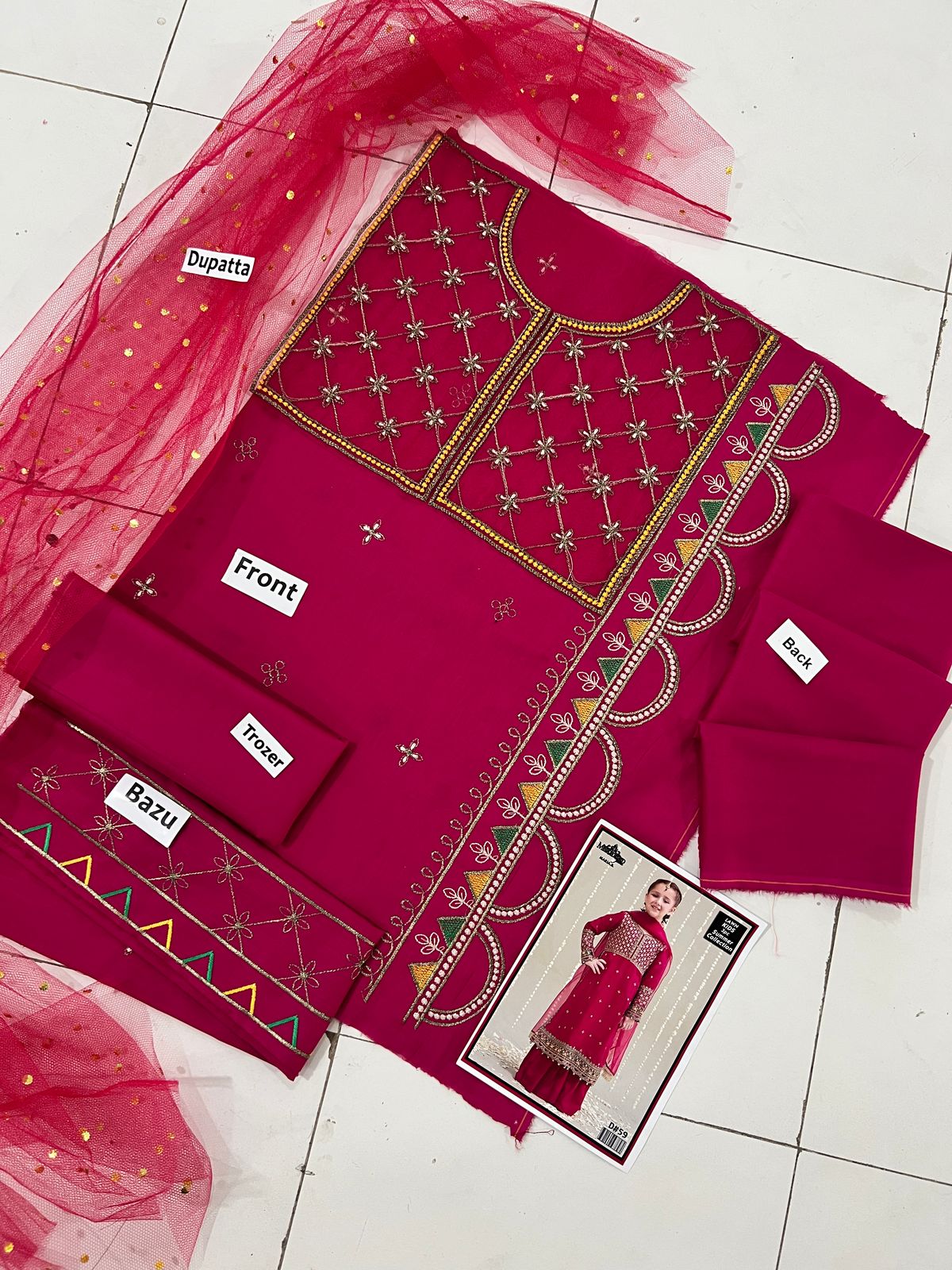 Kids 3PC Embroidered Lawn Dress With Net Dupatta - Unstitched - KD59