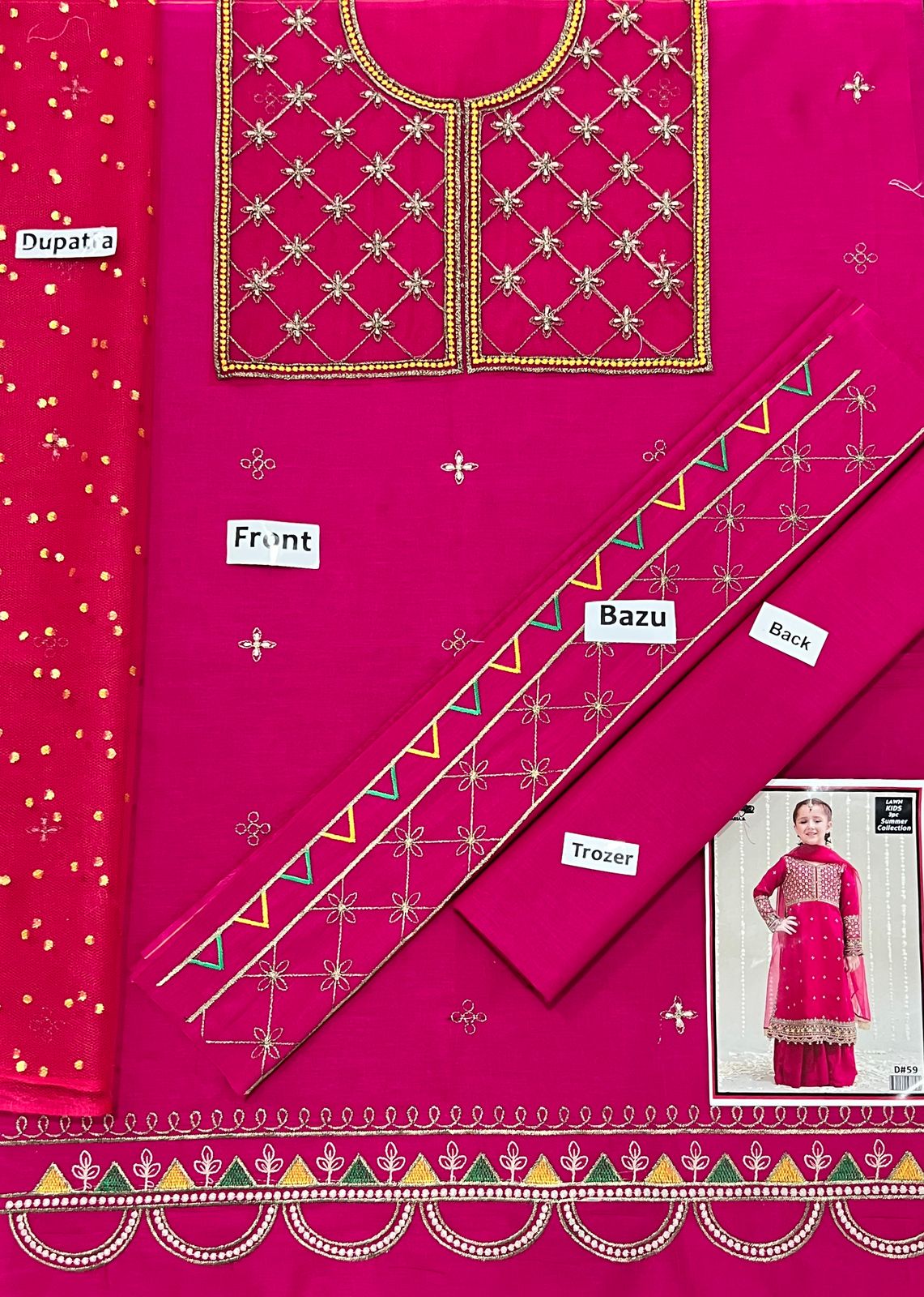 Kids 3PC Embroidered Lawn Dress With Net Dupatta - Unstitched - KD59