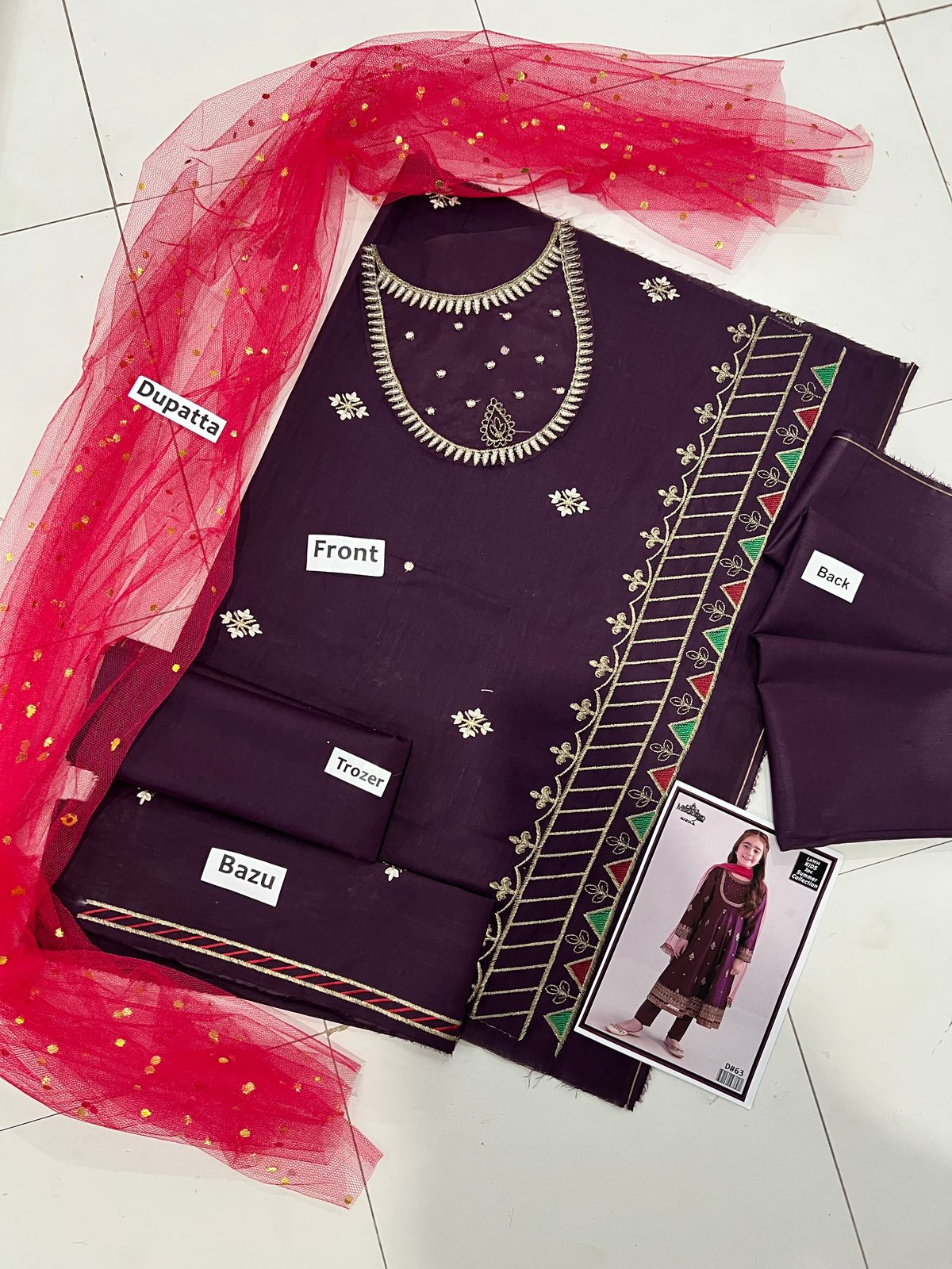 Kids 3PC Embroidered Lawn Dress With Net Dupatta - Unstitched - KD63