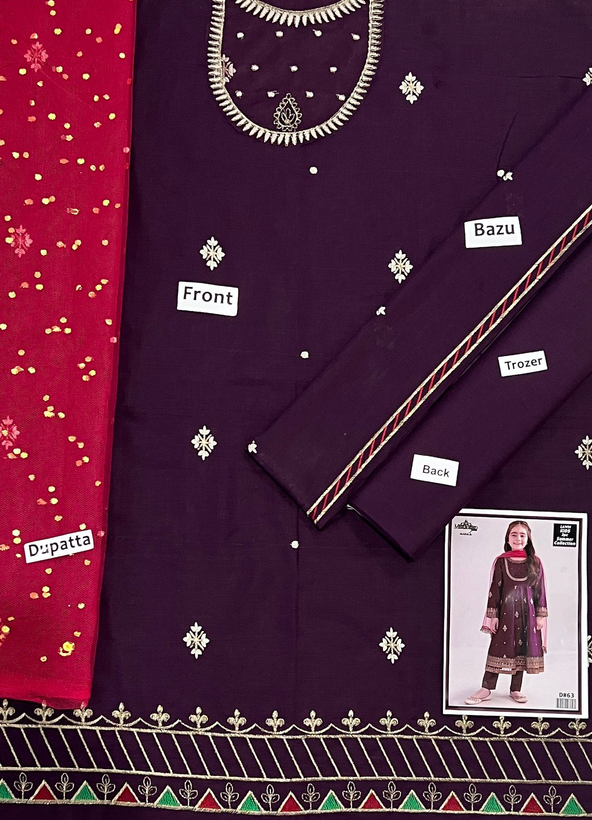 Kids 3PC Embroidered Lawn Dress With Net Dupatta - Unstitched - KD63