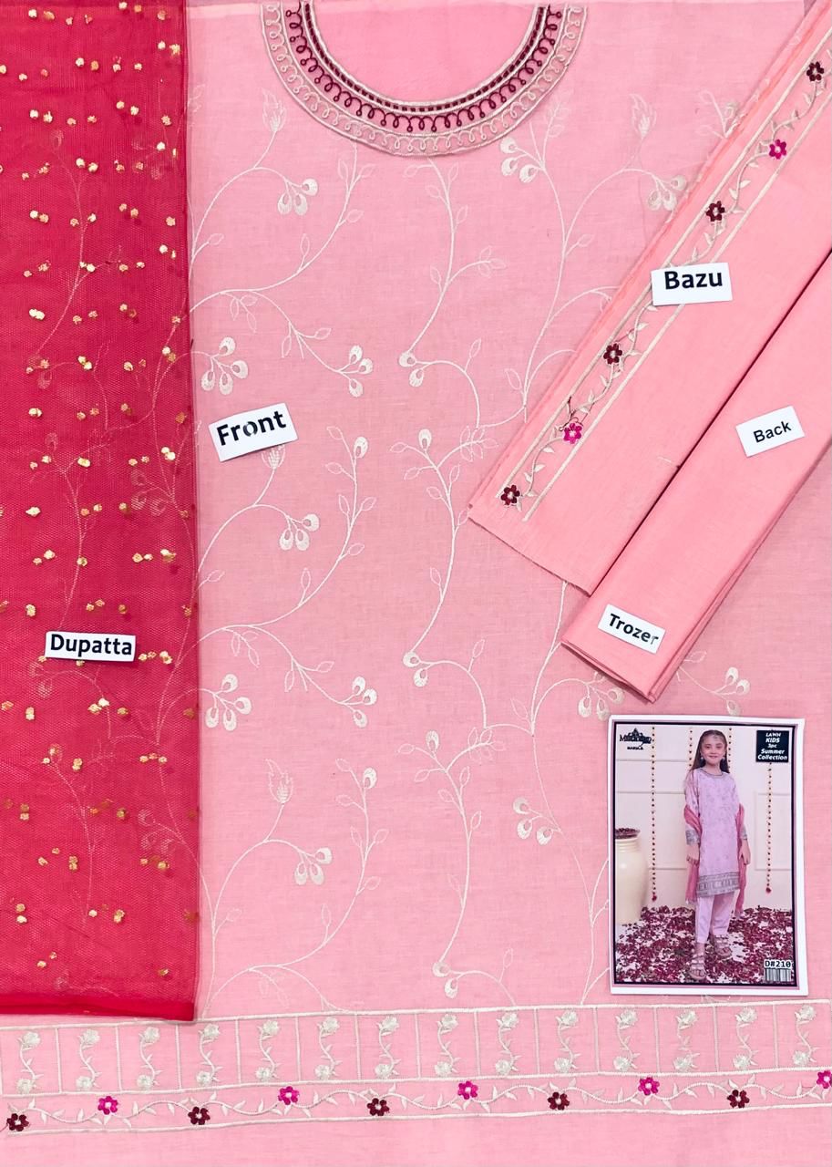 Kids 3PC Embroidered Lawn Dress With Net Dupatta - Unstitched - KD210