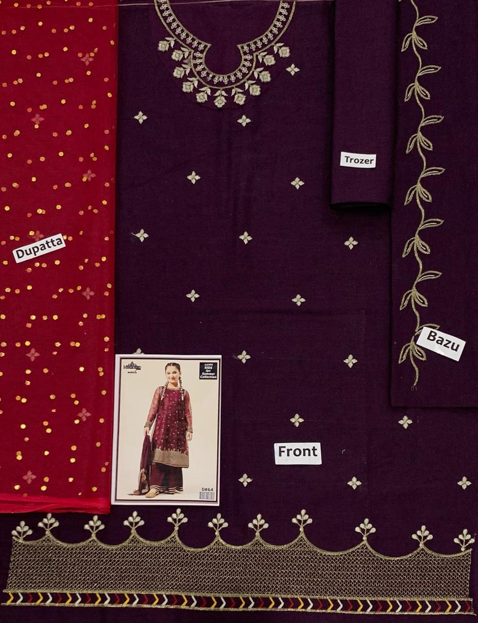 Kids 3PC Embroidered Lawn Dress With Net Dupatta - Unstitched - KD64