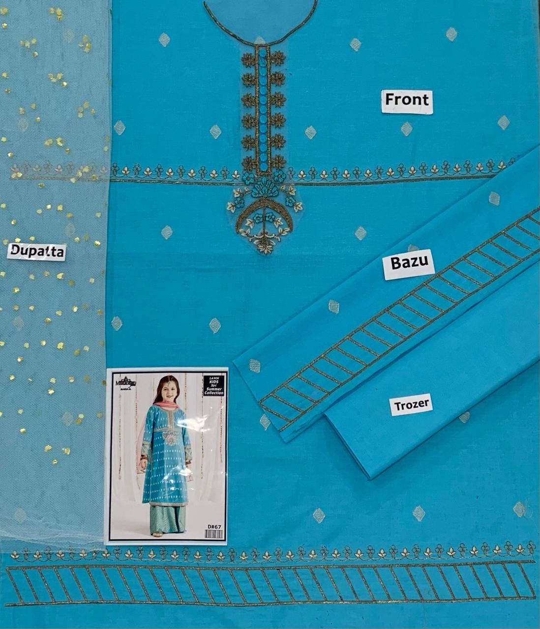 Kids 3PC Embroidered Lawn Dress With Net Dupatta - Unstitched - KD67