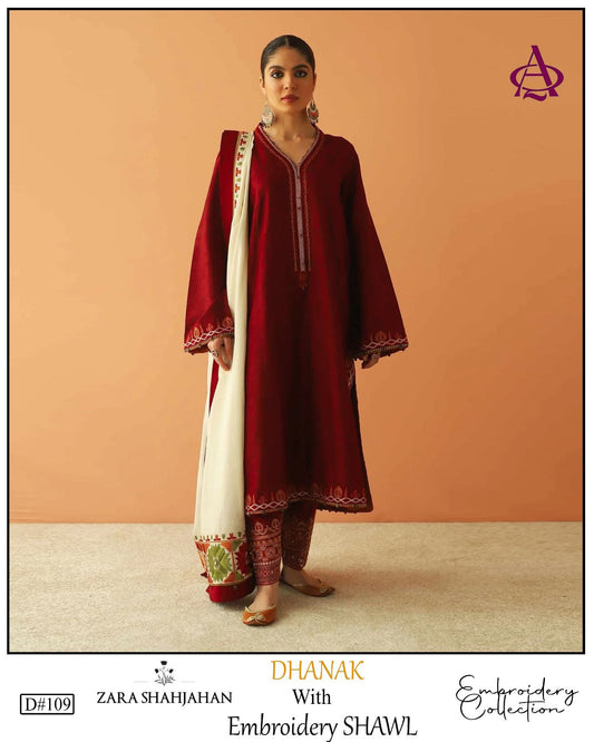 Fully EMB 3PC Dhanak Unstitched Winter Dress With EMB Shawl - W106