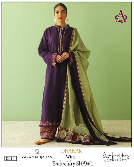 Fully EMB 3PC Dhanak Unstitched Winter Dress With EMB Shawl - W107