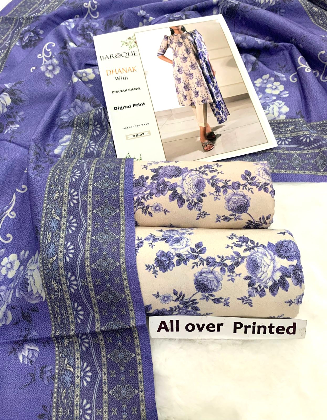 All Over Printed 3PC Unstitched With Printed Shawl- P117