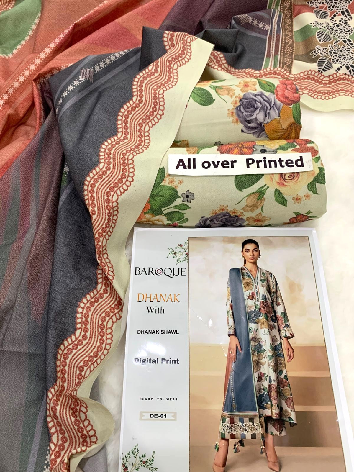 All Over Printed 3PC Unstitched With Printed Shawl- P115