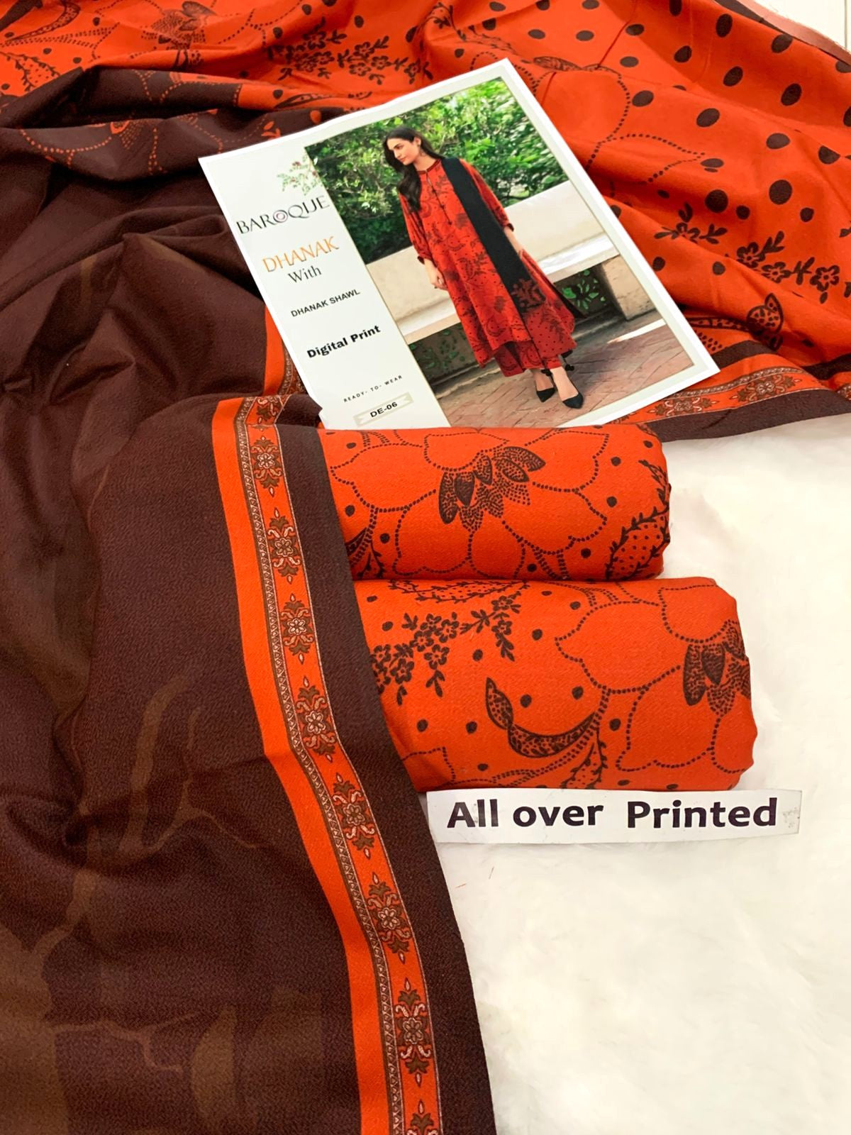 All Over Printed 3PC Unstitched With Printed Shawl- P116
