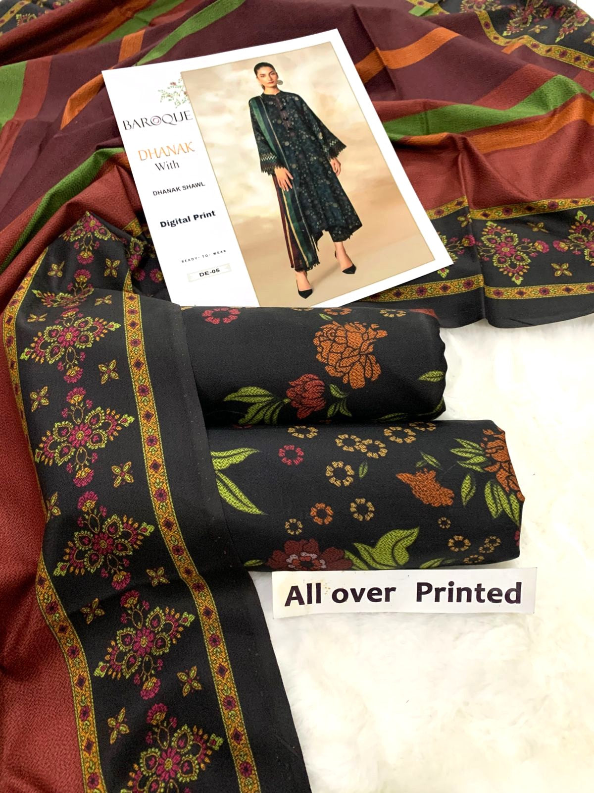 All Over Printed 3PC Unstitched With Printed Shawl- P114
